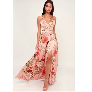 Lulus - Still the One Blush Pink Floral Print Satin Maxi Dress